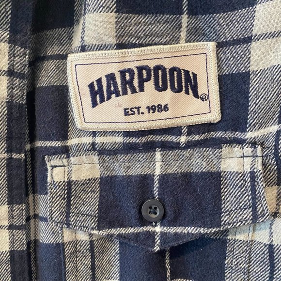 Navy and White Plaid Flannel Button Down with Harpoon Brewery Patch - Size Small - Picture 2 of 5